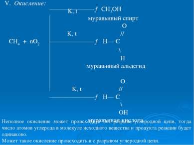 V. Окисление: K, t ———————→ CH3OH муравьиный спирт O K, t // СН4 + nO2 ——————...