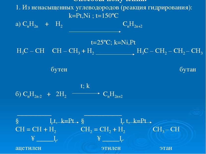 Способы получения. 1. Из ненасыщенных углеводородов (реакция гидрирования): k...