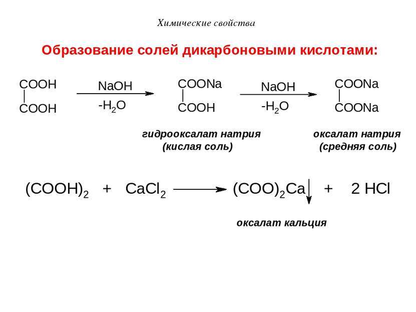 Образование солей дикарбоновыми кислотами: гидрооксалат натрия оксалат натрия...
