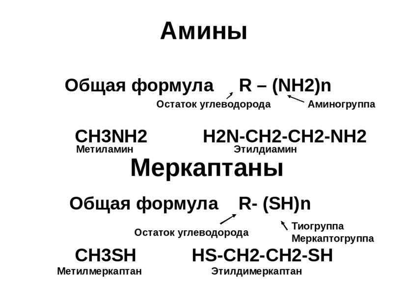 Амины Общая формула R – (NH2)n CH3NH2 H2N-CH2-CH2-NH2 Меркаптаны Общая формул...