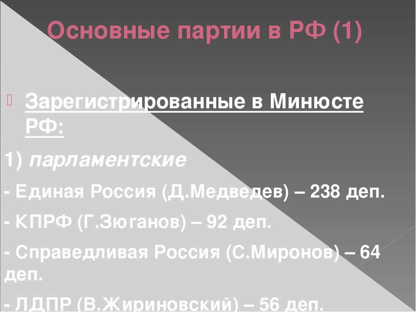 Основные партии в РФ (1) Зарегистрированные в Минюсте РФ: 1) парламентские - ...