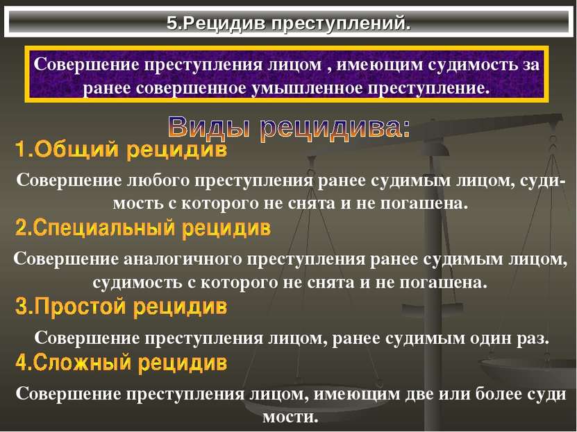 5.Рецидив преступлений. Совершение преступления лицом , имеющим судимость за ...