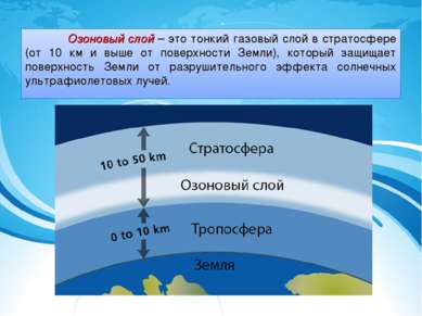 Озоновый слой – это тонкий газовый слой в стратосфере (от 10 км и выше от пов...