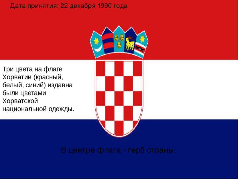 Дата принятия: 22 декабря 1990 года Три цвета на флаге Хорватии (красный, бел...