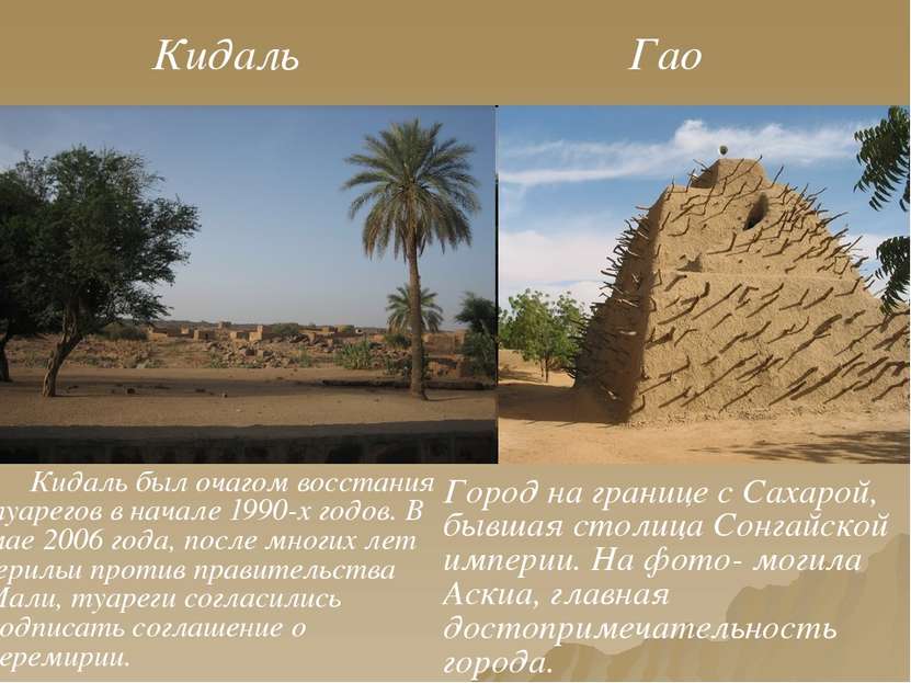 Кидаль Гао Город на границе с Сахарой, бывшая столица Сонгайской империи. На ...