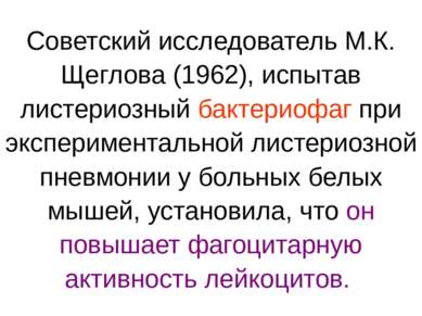 Советский исследователь М.К. Щеглова (1962), испытав листериозный бактериофаг...