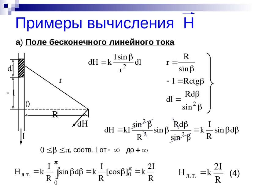 Примеры вычисления H а) Поле бесконечного линейного тока , соотв. l от до (4)
