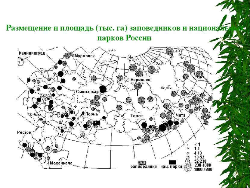 Размещение и площадь (тыс. га) заповедников и национальных парков России