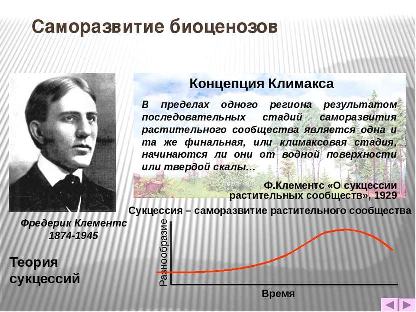 Саморазвитие биоценозов Фредерик Клементс 1874-1945 Теория сукцессий В предел...