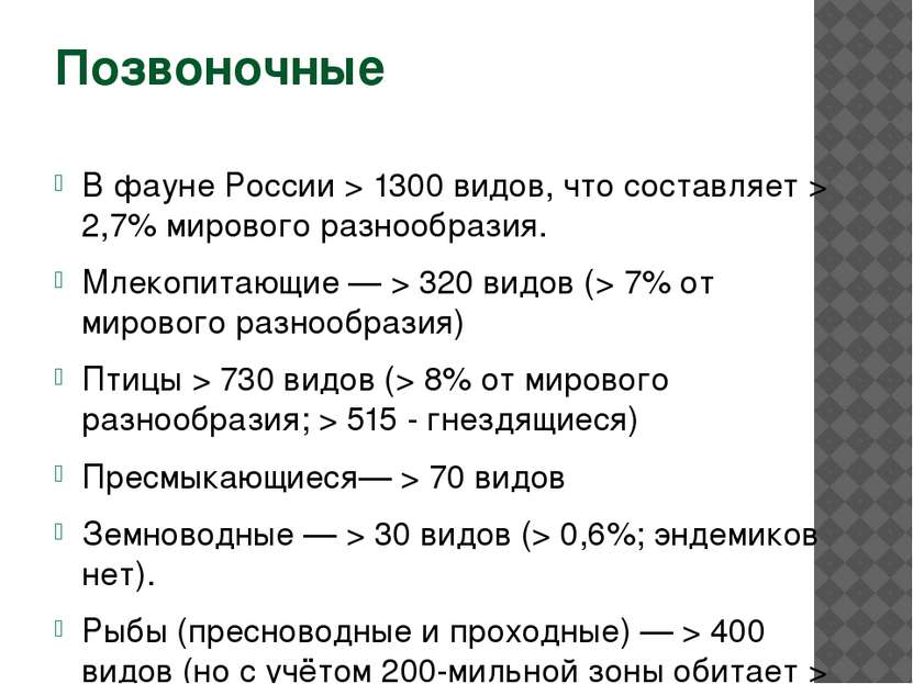 Позвоночные В фауне России > 1300 видов, что составляет > 2,7% мирового разно...