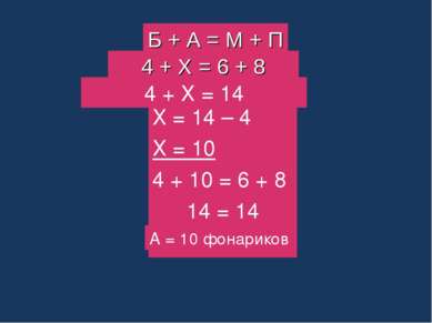 Б + А = М + П 4 + Х = 6 + 8 4 + Х = 14 Х = 14 – 4 Х = 10 4 + 10 = 6 + 8 14 = ...