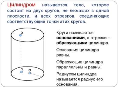 Цилиндром называется тело, которое состоит из двух кругов, не лежащих в одной...