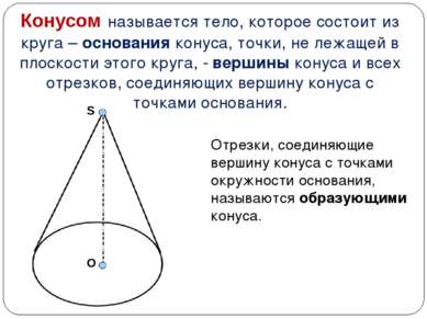 Конусом называется тело, которое состоит из круга – основания конуса, точки, ...