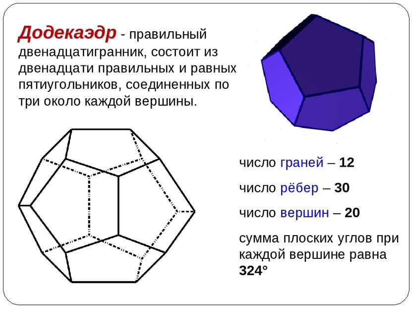 Додекаэдр - правильный двенадцатигранник, состоит из двенадцати правильных и ...