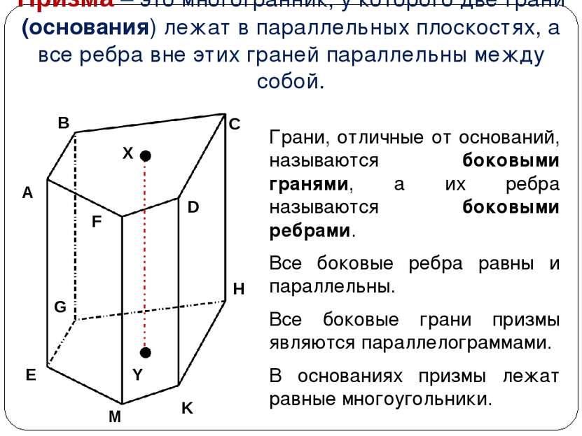 Призма – это многогранник, у которого две грани (основания) лежат в параллель...