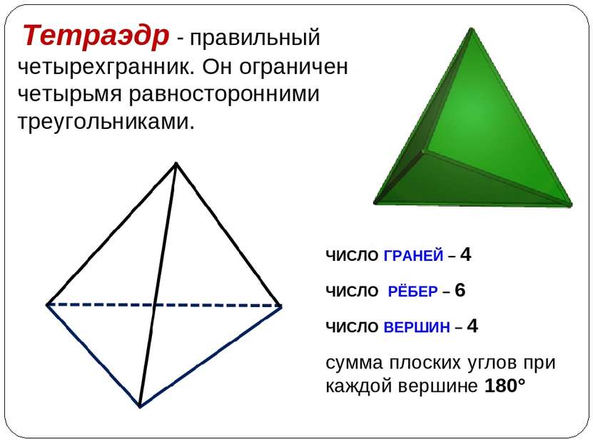Тетраэдр - правильный четырехгранник. Он ограничен четырьмя равносторонними т...