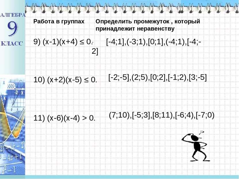 Работа в группах 9) (х-1)(х+4) ≤ 0. 10) (х+2)(х-5) ≤ 0. 11) (х-6)(х-4) > 0. ·...