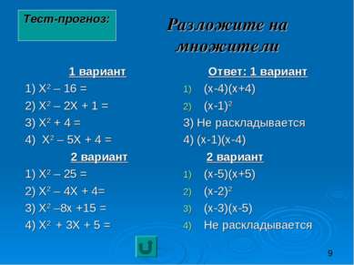Разложите на множители 1 вариант 1) Х2 – 16 = 2) Х2 – 2Х + 1 = 3) Х2 + 4 = 4)...