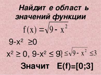 Найдите область значений функции 9-х2 ≥0 х2 ≥ 0, 9-x2 ≤ 9, Значит E(f)=[0;3]