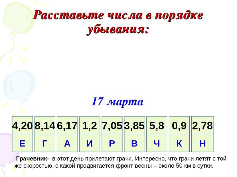 Расставьте числа в порядке убывания: 17 марта Грачевник- в этот день прилетаю...