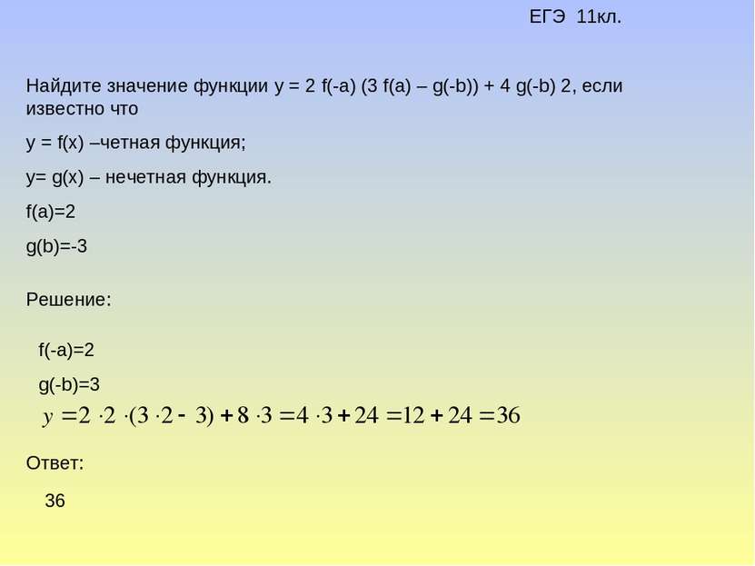 ЕГЭ 11кл. Найдите значение функции у = 2 f(-a) (3 f(a) – g(-b)) + 4 g(-b) 2, ...