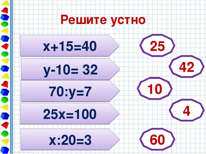 Решите устно х+15=40 25 25х=100 х:20=3 70:у=7 у-10= 32 42 10 4 60