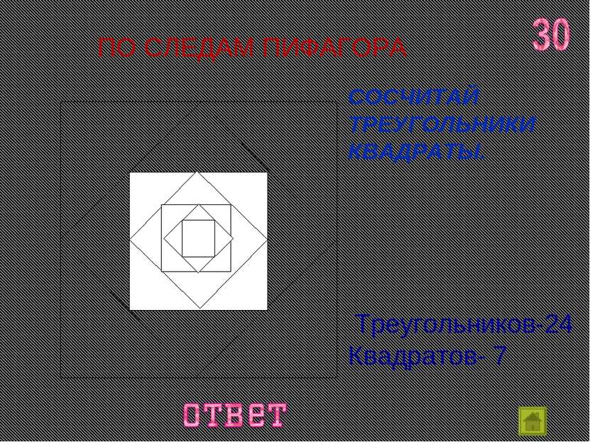 ПО СЛЕДАМ ПИФАГОРА СОСЧИТАЙ ТРЕУГОЛЬНИКИ КВАДРАТЫ. Треугольников-24 Квадратов- 7
