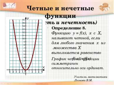 Четные и нечетные функции ( четность и нечетность) Определение 8. Функцию y =...