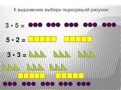 К выражению выбери подходящий рисунок: 3 • 5 = 5 • 2 = 3 • 3 =