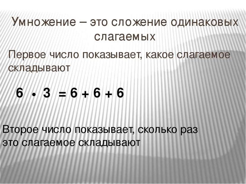 Умножение – это сложение одинаковых слагаемых Первое число показывает, какое ...