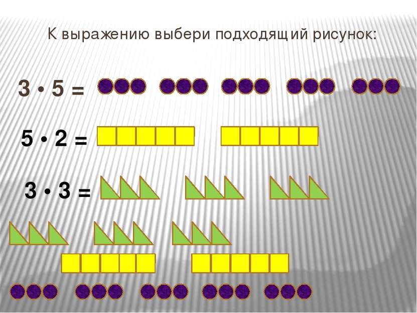 К выражению выбери подходящий рисунок: 3 • 5 = 5 • 2 = 3 • 3 =