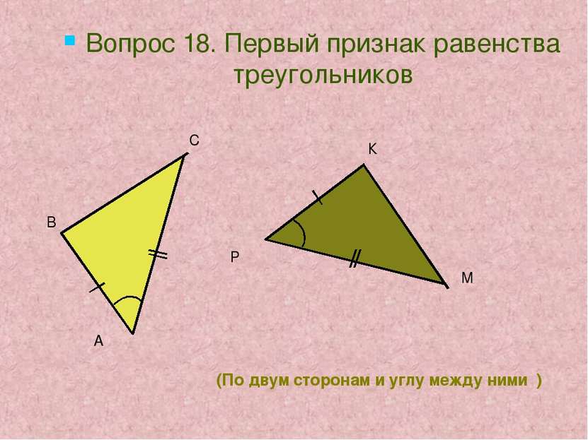 Вопрос 18. Первый признак равенства треугольников (По двум сторонам и углу ме...