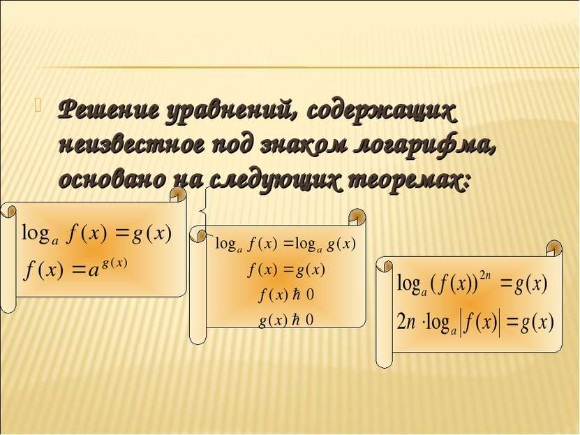 Решение уравнений, содержащих неизвестное под знаком логарифма, основано на с...