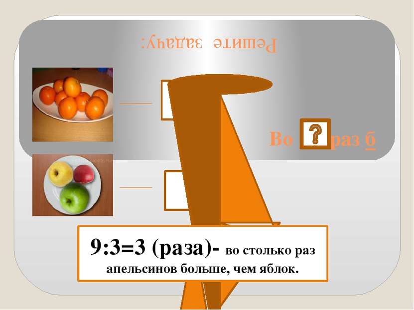 Решите задачу: Во раз б 9 шт. 3 шт.. 9:3=3 (раза)- во столько раз апельсинов ...