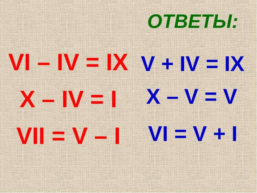 VI – IV = IX X – IV = I VII = V – I ОТВЕТЫ: V + IV = IX X – V = V VI = V + I