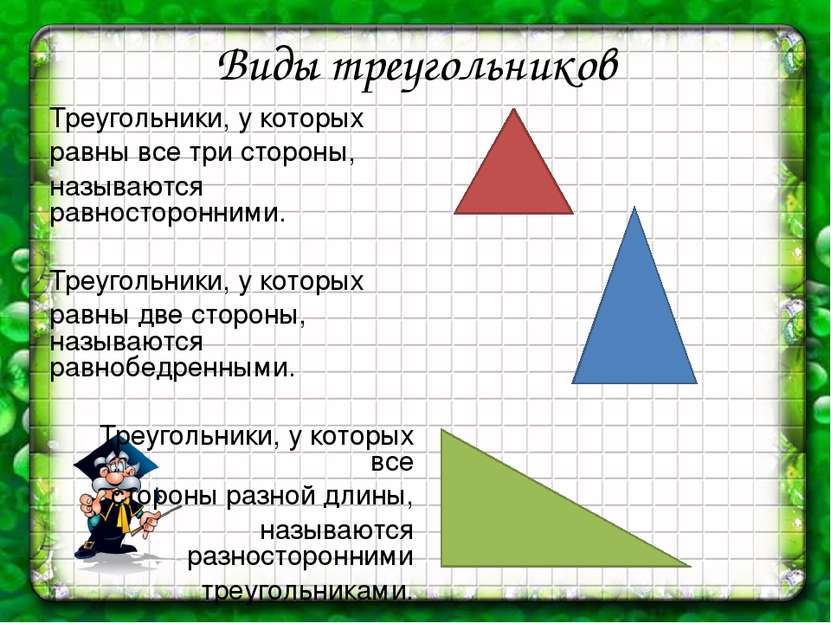 Виды треугольников Треугольники, у которых равны все три стороны, называются ...