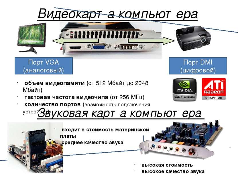 Видеокарта компьютера Порт DMI (цифровой) Порт VGA (аналоговый) объем видеопа...