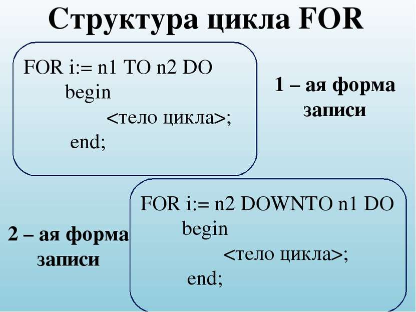 Структура цикла FOR FOR i:= n1 TO n2 DO begin ; end; FOR i:= n2 DOWNTO n1 DO ...