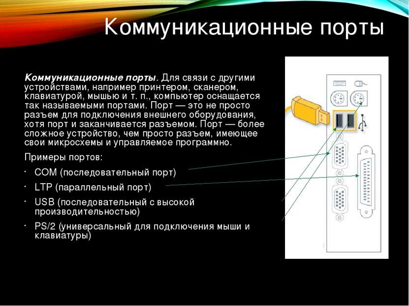 Коммуникационные порты Коммуникационные порты. Для связи с другими устройства...