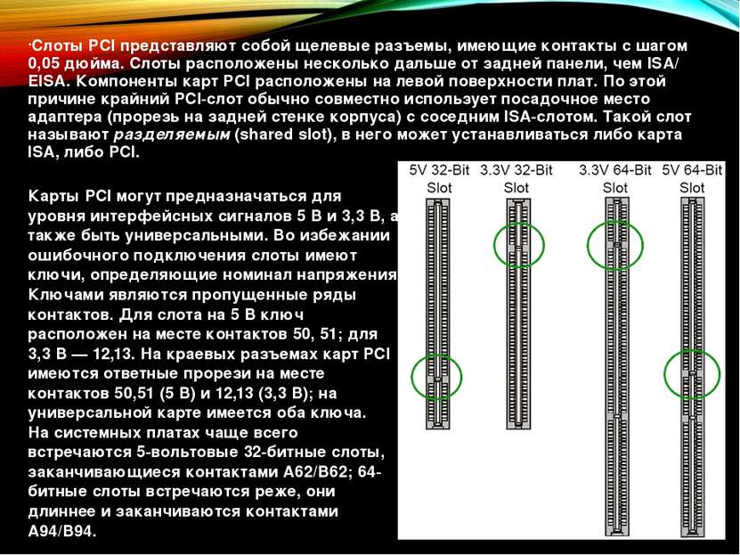 Слоты PCI представляют собой щелевые разъемы, имеющие контакты с шагом 0,05 д...