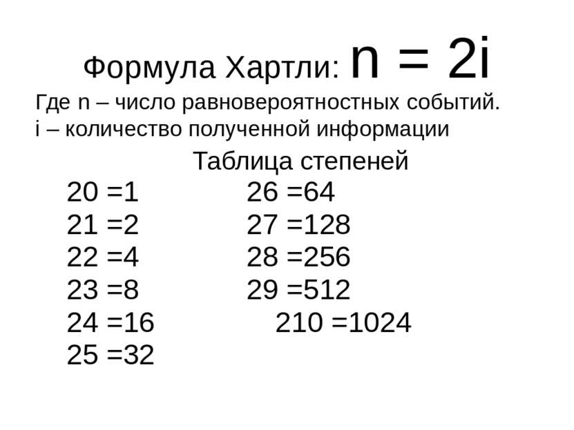 Формула Хартли: n = 2i Таблица степеней 20 =1 26 =64 21 =2 27 =128 22 =4 28 =...