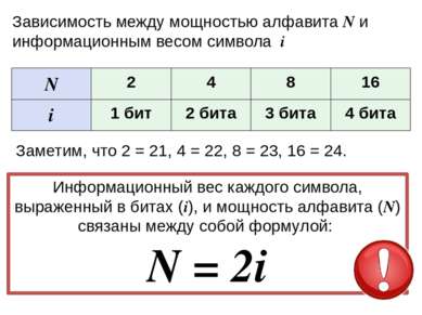 Задачи N = 2i №1 N=2 Найти i Решение: 2=2i i=1 бит №2 N=8 Найти i Решение: 8=...
