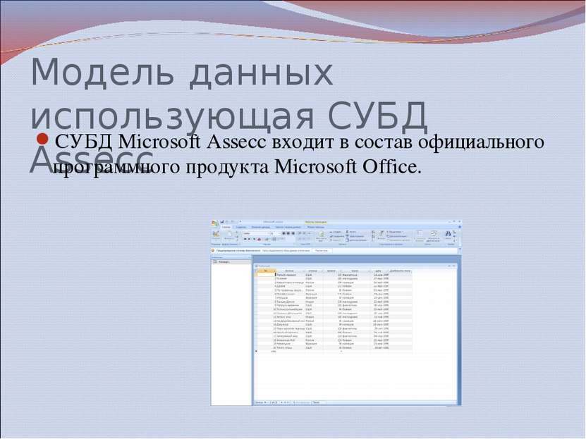 Модель данных использующая СУБД Assecc СУБД Microsoft Assecc входит в состав ...