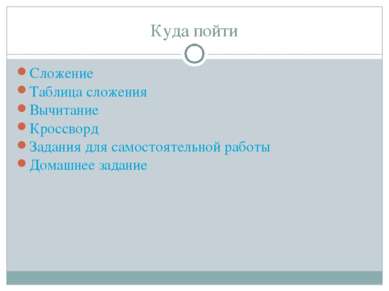 Куда пойти Сложение Таблица сложения Вычитание Кроссворд Задания для самостоя...