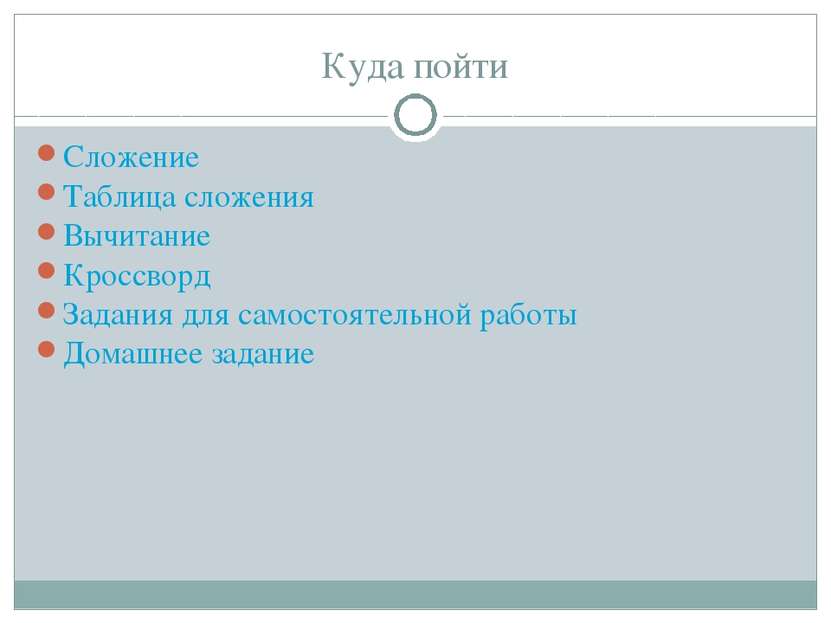 Куда пойти Сложение Таблица сложения Вычитание Кроссворд Задания для самостоя...