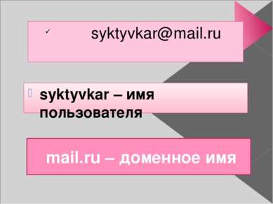 syktyvkar@mail.ru syktyvkar – имя пользователя mail.ru – доменное имя