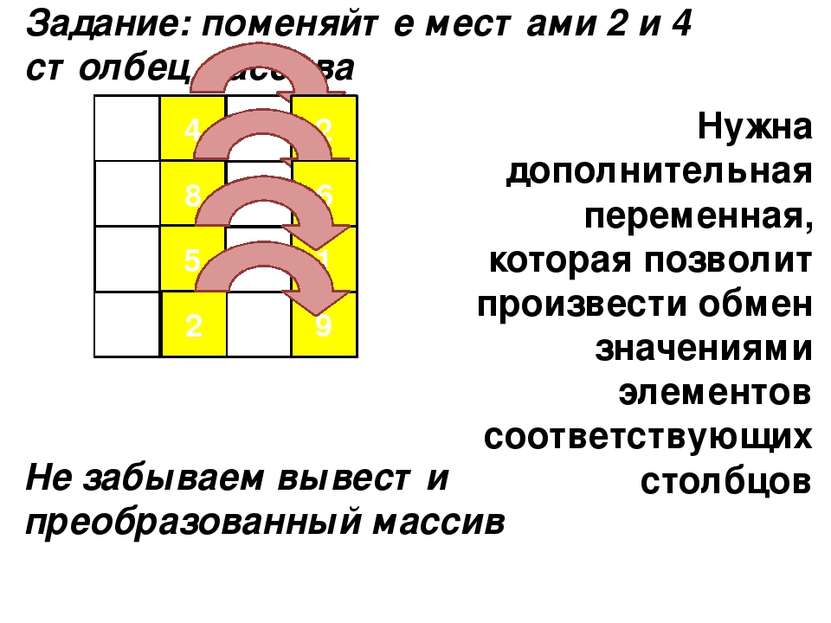 5 1 2 3 9 4 6 4 7 1 8 5 6 0 2 9 9 Задание: поменяйте местами 2 и 4 столбец ма...