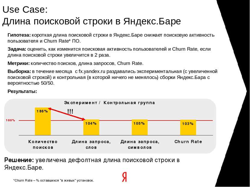 Use Case: Длина поисковой строки в Яндекс.Баре *Churn Rate – % оставшихся "в ...