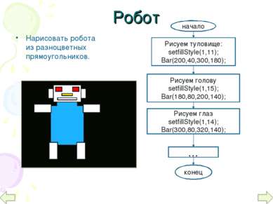 Робот Нарисовать робота из разноцветных прямоугольников. начало Рисуем тулови...