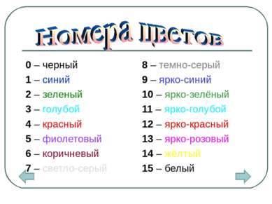 0 – черный 1 – синий 2 – зеленый 3 – голубой 4 – красный 5 – фиолетовый 6 – к...